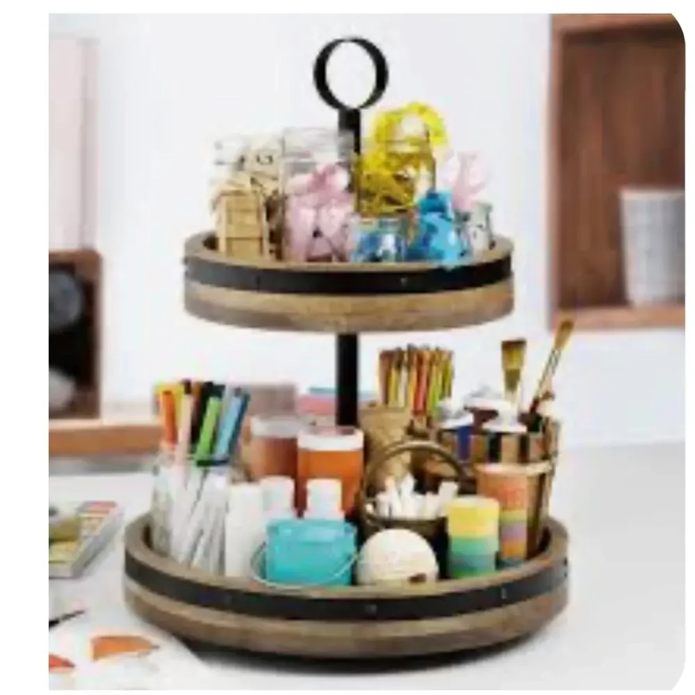 Mikasa 2 Tier Lazy Susan Burnished Iron Band Mango Wood Trays 2in1 Convertible!